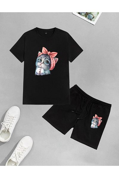 LOTS MODA Unisex Cute Little Cat Printed Shorts-T-Shirt Set Oversize