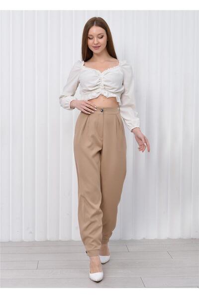 Nuseel Women's Cuff Leg High Waist Trousers Tan