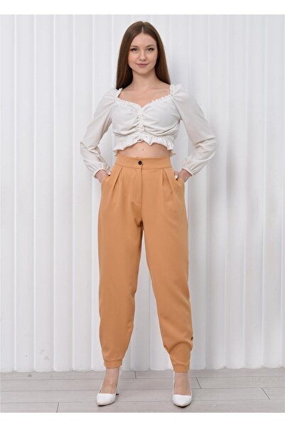 Nuseel Women's Cuff Leg High Waist Trousers Camel