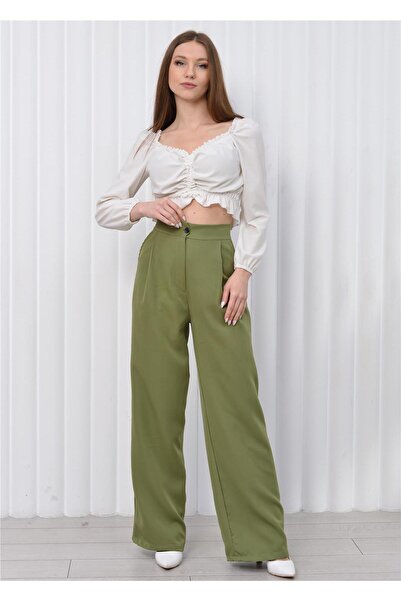 Nuseel بنطلون بالازو نسائي عالي الخصر باللون الأخضر الفاتح