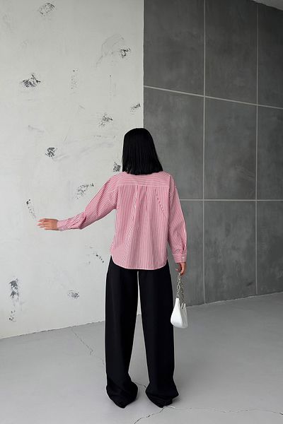 OUZ Fashion Women's Striped Poplin Shirt Side Garnished Trousers Set