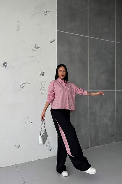 OUZ Fashion Women's Striped Poplin Shirt Side Garnished Trousers Set