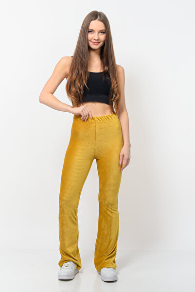 Nuseel Kadın Fitilli Kadife Ispanyol Paça Pantolon Hardal Rengi