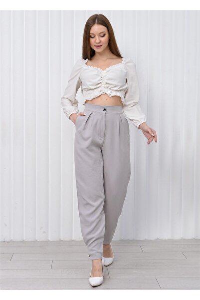 Nuseel Women's Gray Pants with High Waist and Cuffs