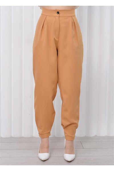 Nuseel Women's Cuff Leg High Waist Trousers Camel