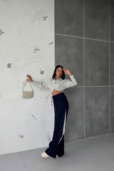 OUZ Fashion Women's Striped Poplin Shirt Side Garnished Trousers Set