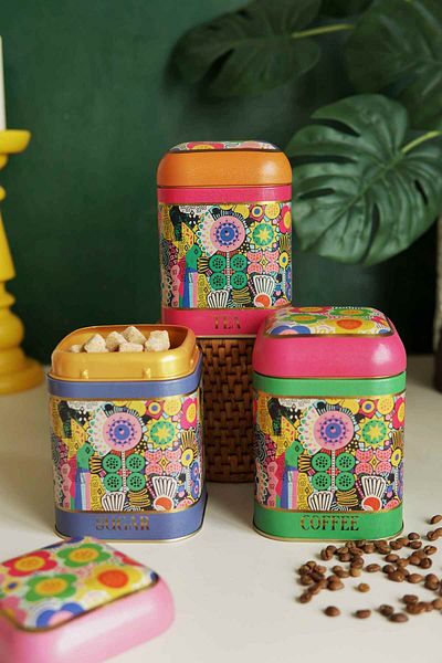 EVLE Square Metal Storage Container, 10.8 x 10.8 x 11.8 cm, Set of 3, Sunflower