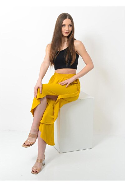 Nuseel Kadın Yanı Yırtmaçlı Şalvar Pantolon Sarı Renk