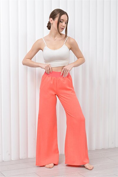 Nuseel بنطلون نسائي كتان - لون سلمون، جيب وخصر مطاطي