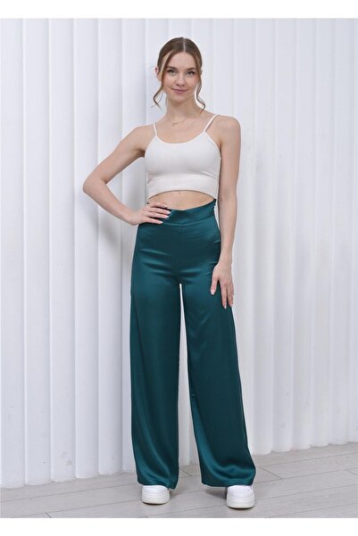 Nuseel Women's High Waist Satin Palazzo Trousers Petrol Blue