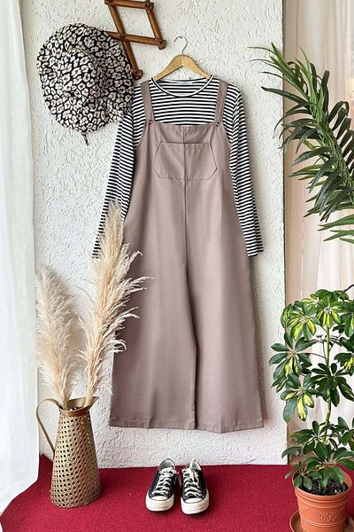 Ceylan Otantik Mink Linen Salopet Jumpsuit And Black Striped Sweat