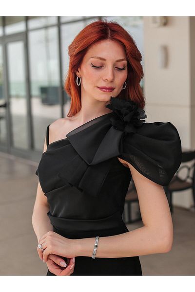 SpringStore Rochie de seară scurtă neagră cu o singură mânecă