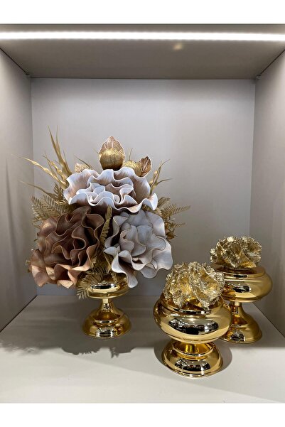 TASARIMHMODA Yapay Çiçekli 3 Parça Set Gold No:1