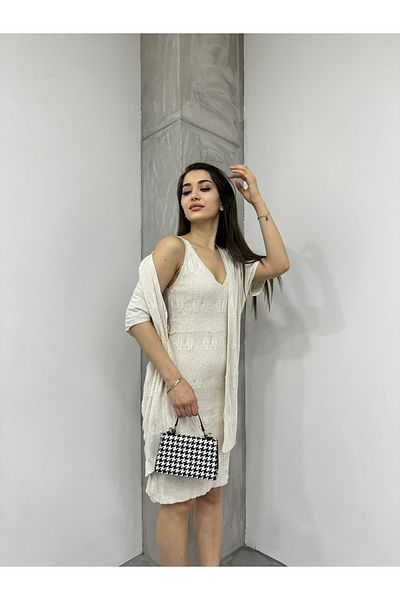LE CARAMBOLE Γυναικείο Κρεμ Φόρεμα Ζακέτα Σετ δύο τεμαχίων