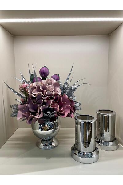 TASARIMHMODA Yapay Çiçekli 3 Parça Set Gümüş No:6