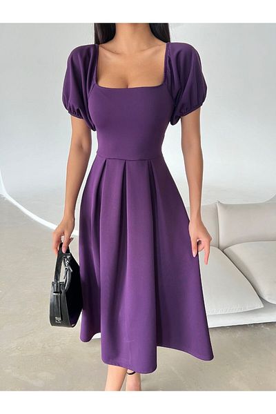 vuvutasarım Women's Stretchy Diver Fabric Square Neck Balloon Sleeve Design Black Midi Evening Dress582613