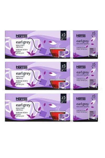 Harras Earl Grey Bergamot Aromalı Bardak Süzen Poşet Siyah Çay 25'li x 3 paket
