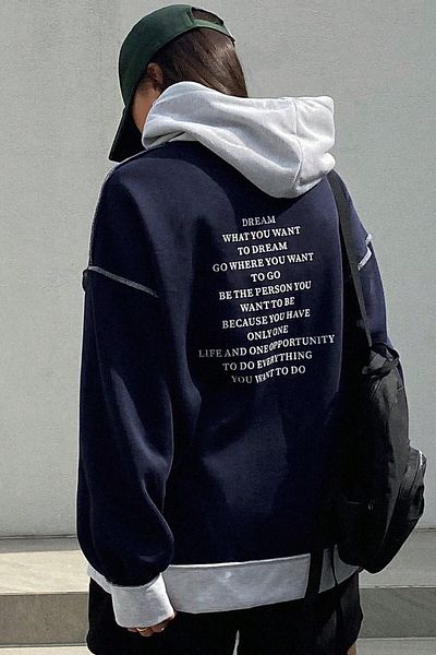 MODAGEN Unisex Navy Blue-Grey Hooded Back Dream Printed Oversize Sweatshirt