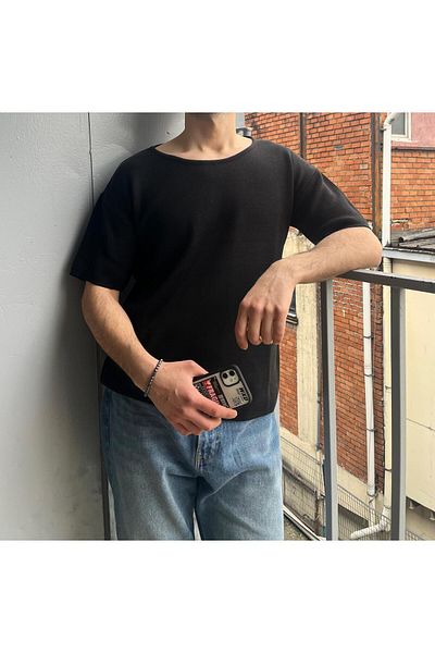 Tarz Cool Ανδρικό πλεκτό μπλουζάκι Oversize - Φαρδύ γιακά
