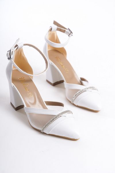 Moda Değirmeni Pantofi cu toc gros, din plasă, cu piele albă, pentru femei BG1042-119-0017