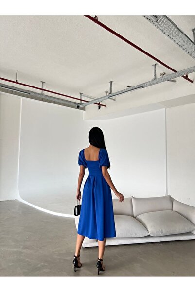 vuvutasarım Women's Stretchy Diver Fabric Square Neck Balloon Sleeve Design Black Midi Evening Dress582613