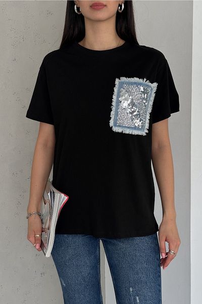FEMELLE Blugi din blugi negri de damă, tricou din bumbac brodat cu paiete și franjuri