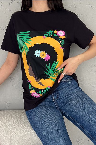 FEMELLE Tricou de damă negru din bumbac imprimat