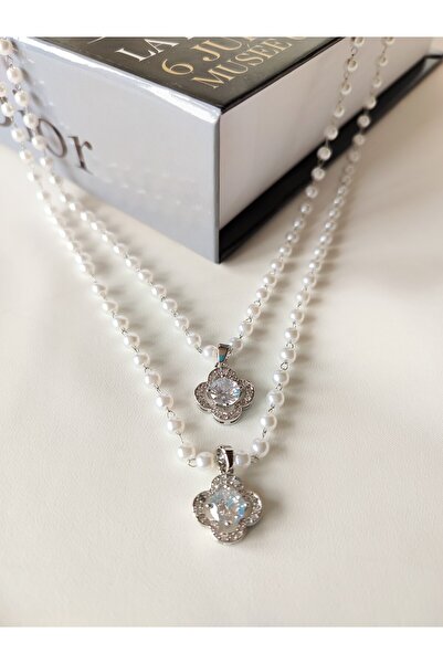 LİLYA AKSESUAR Taşlı Yonca Detay İnci Çelil Kolye