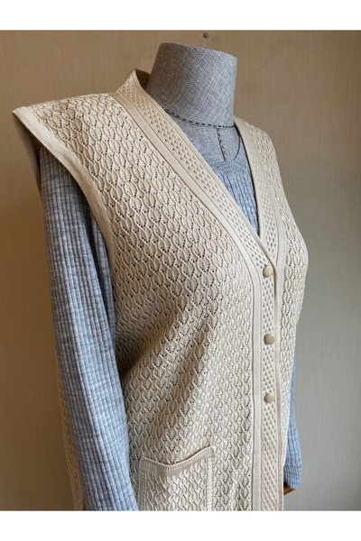 TEK Medium Size Stylish Patterned SINGLE Knitwear Tunic Vest - Cream