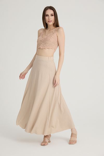 Gül Moda Beige Plain Flared Long Skirt with Elastic Waist G029-11