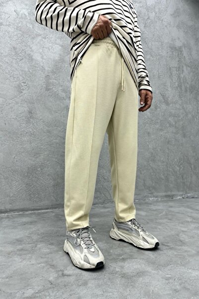 MADZEYMODA Boyfriend Mold Ανδρική Βάφλα Ύφασμα Μπεζ Jogger με ελαστική μέση