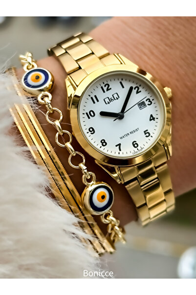 Q&Q Yellow Colored Steel Band - Women's Wristwatch Bracelet with Calendar and Numerals