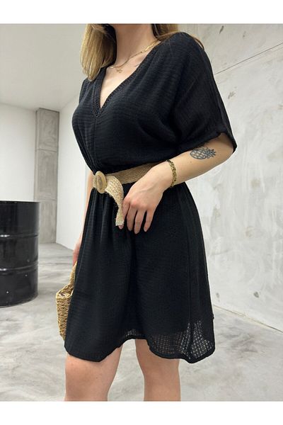 BİKELİFE Damen Sommerkleid aus Leinen mit V-Ausschnitt, elastischer Taille und Gürtel