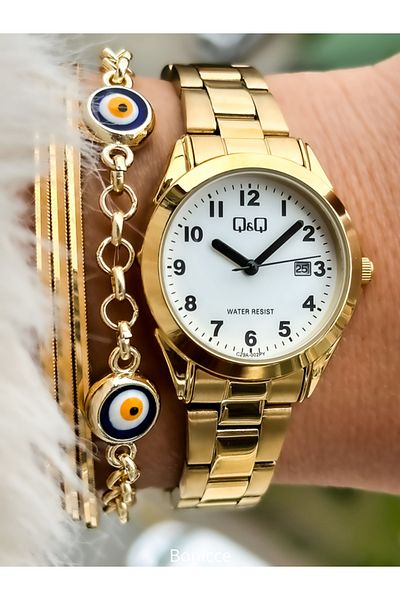 Q&Q Yellow Colored Steel Band - Women's Wristwatch Bracelet with Calendar and Numerals