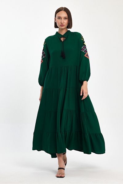 Denismoda Women's Magnificent Collar Lace-up Sleeve Embroidery Detailed Long Balloon Sleeve Dress