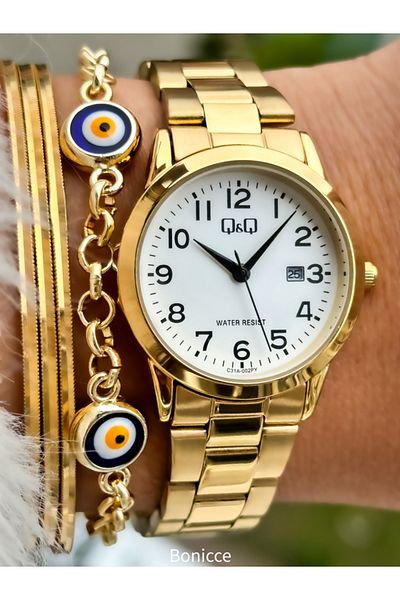 Q&Q Steel Cord Waterproof Gold Color Women's Wristwatch Bracelet with Calendar