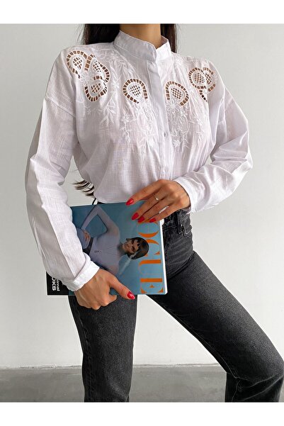 ubmbutik Cămașă de damă - Guler înalt - Mânecă lungă - Cămașă lejeră cu aspect de in festonat