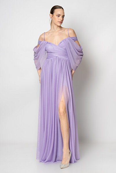 RENGIN Göğsü kruvaze çift askılı tül abiye elbise