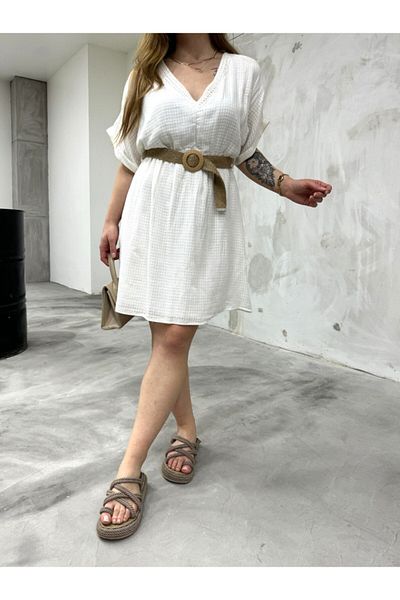 BİKELİFE Women's V-Neck Elastic Waist Belted Linen Summer Dress