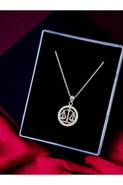 Alaja Silver Terazi Sembolü Taşlı Tasarım 925 Ayar Gümüş Kolye