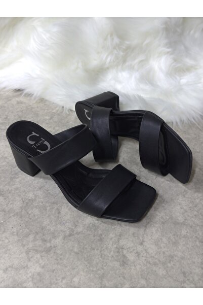 Nstil Μαύρες γυναικείες παντόφλες - Διπλό λουράκι, Χοντρό τακούνι, Μαλακό πάτο 271