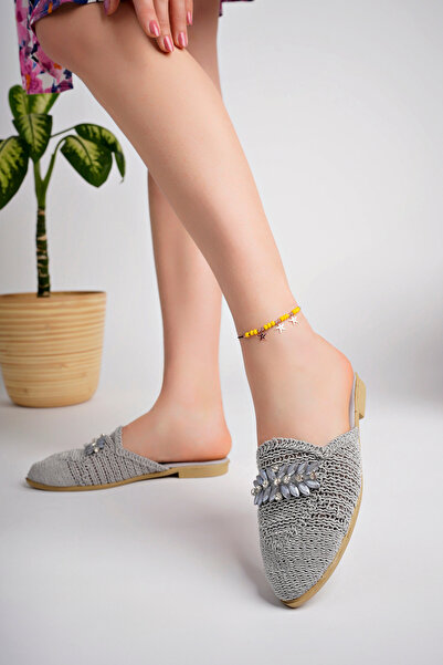 StWenn Women's Stoned Slippers Closed Front Straw Lace Knitted Dowry Daily Sandals