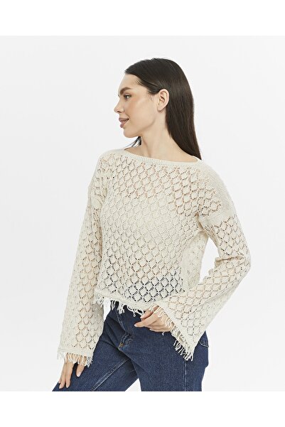 KNİTİCAL TEKSTİL Bolero shams  Krem Crop Bluz Ajurlu Triko Örme