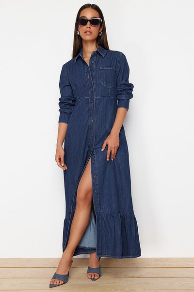 Trendyol Collection Sötétkék Maxi farmer ingruha - Flounces szoknya, TWOSS24EL00768