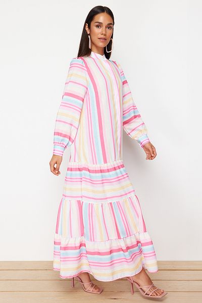 Trendyol Modest Ροζ ριγέ φούστα με ροζ λινό ύφος υφασμένο φόρεμα TCTSS24EB00105