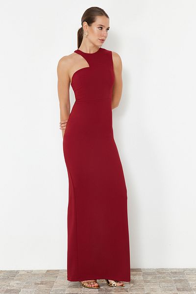 Trendyol Collection Βραδινό υφασμένο μακρύ βραδινό φόρεμα με μπορντό σώμα TPRSS24AE00143