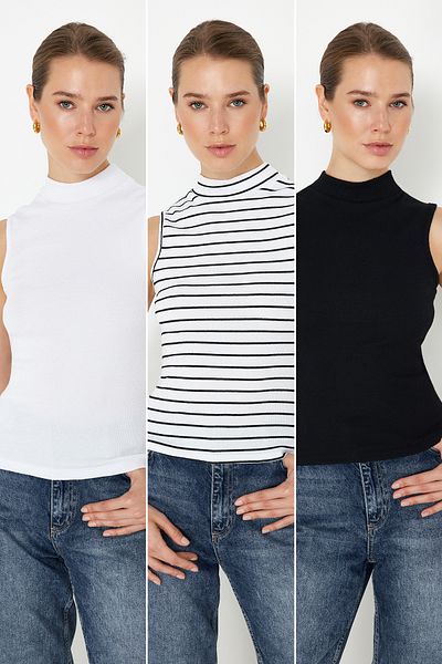 Trendyol Collection Taillierte/taillierte Stretch-Strickbluse im 3er-Pack in Schwarz-Weiß-Mehrfarbig TWOSS24BZ00560