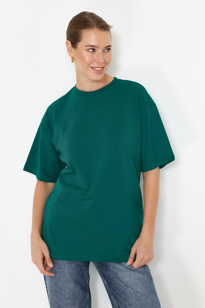 Trendyol Collection Σμαραγδένιο πράσινο 100% χοντρό βαμβακερό πλεκτό μπλουζάκι Premium Oversize/Loose Fit TWOSS23TS00040