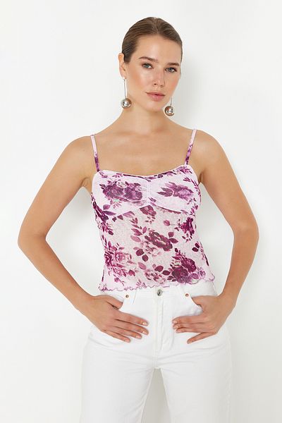 Trendyol Collection Μπλούζα με ροζ φλοράλ εμπριμέ με υφή με ρυθμιζόμενους ιμάντες