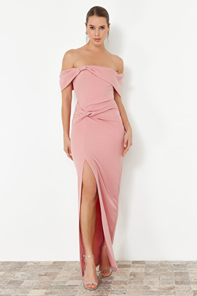 Trendyol Collection Μακρύ βραδινό φόρεμα αποξηραμένο τριαντάφυλλο TPRSS24AE00131